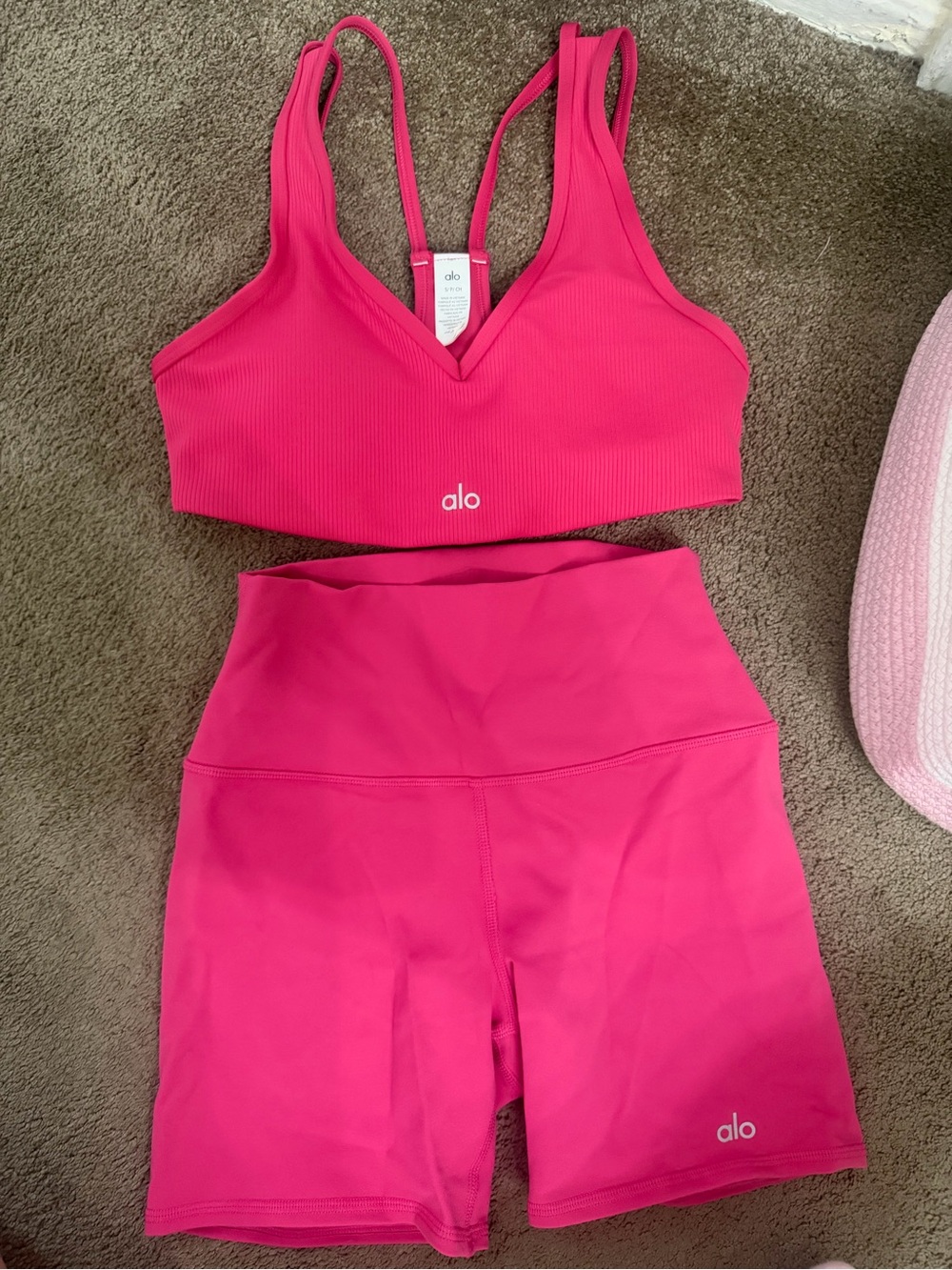 ALO Yoga Hot Pink Ribbed Sports Bra & Matching High-Waist Bike Shorts
